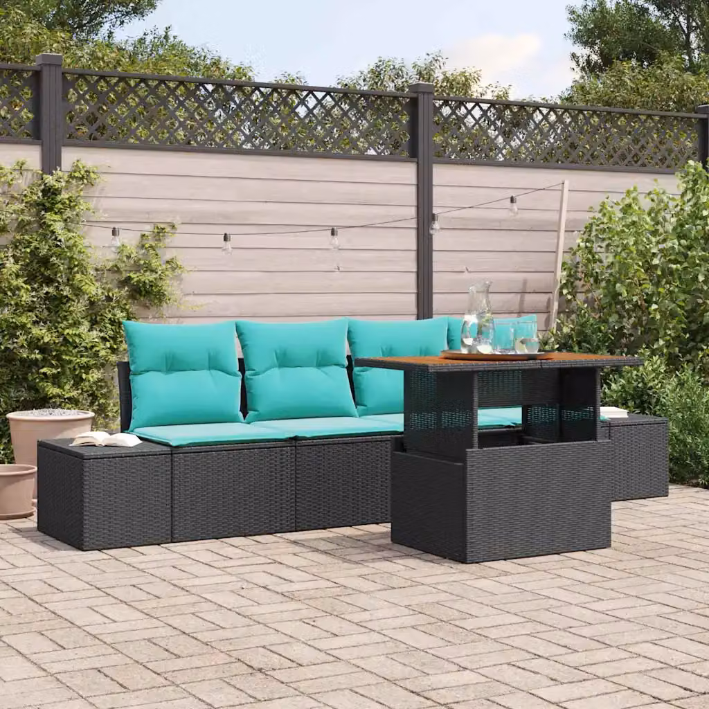 Set Divano da Giardino vidaXL 5 Pezzi Nero con Cuscini e Tavolino in Polyrattan e Metallo