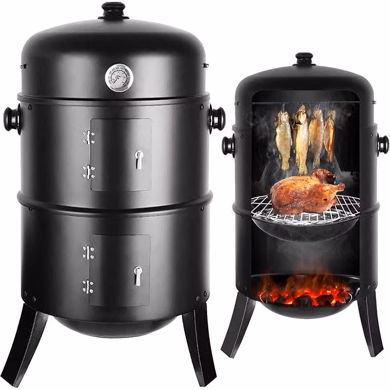 Affumicatore e barbecue a carbonella FS055, 3 in 1, prese d'aria regolabili, nero