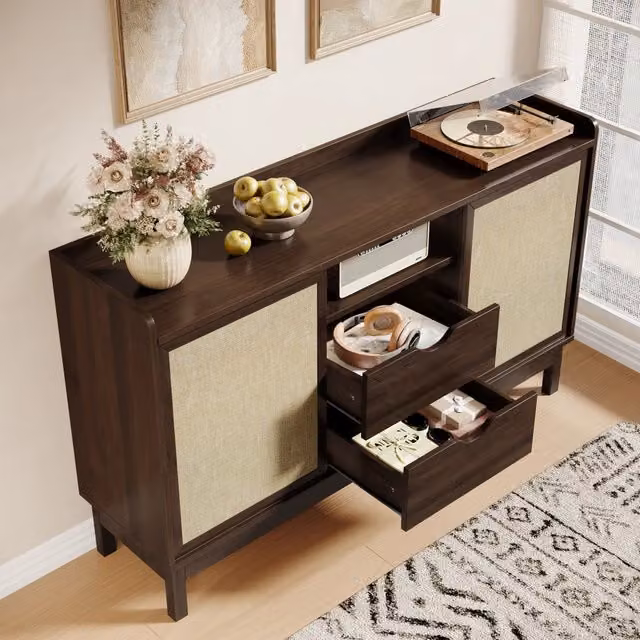 Credenza retrò con ante scorrevoli e 2 cassetti, ripiani regolabili, in truciolare naturale, 150 × 39.5 × 80 cm