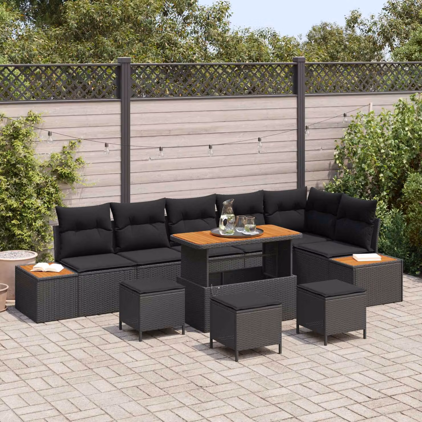 Set Divano da Giardino vidaXL a Forma a U con 10 Pezzi, Nero, con Cuscini e Tavolino da Esterno – 1