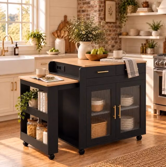 Isola da cucina con piano estraibile 116/177 cm; prese EU e porte USB; nero