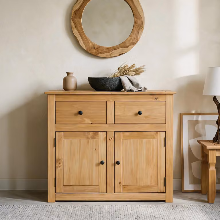 Cassettiera in stile country CANCUN in pino massiccio, credenza moderna con 2 cassetti e ante, credenza con superficie cerata tinta