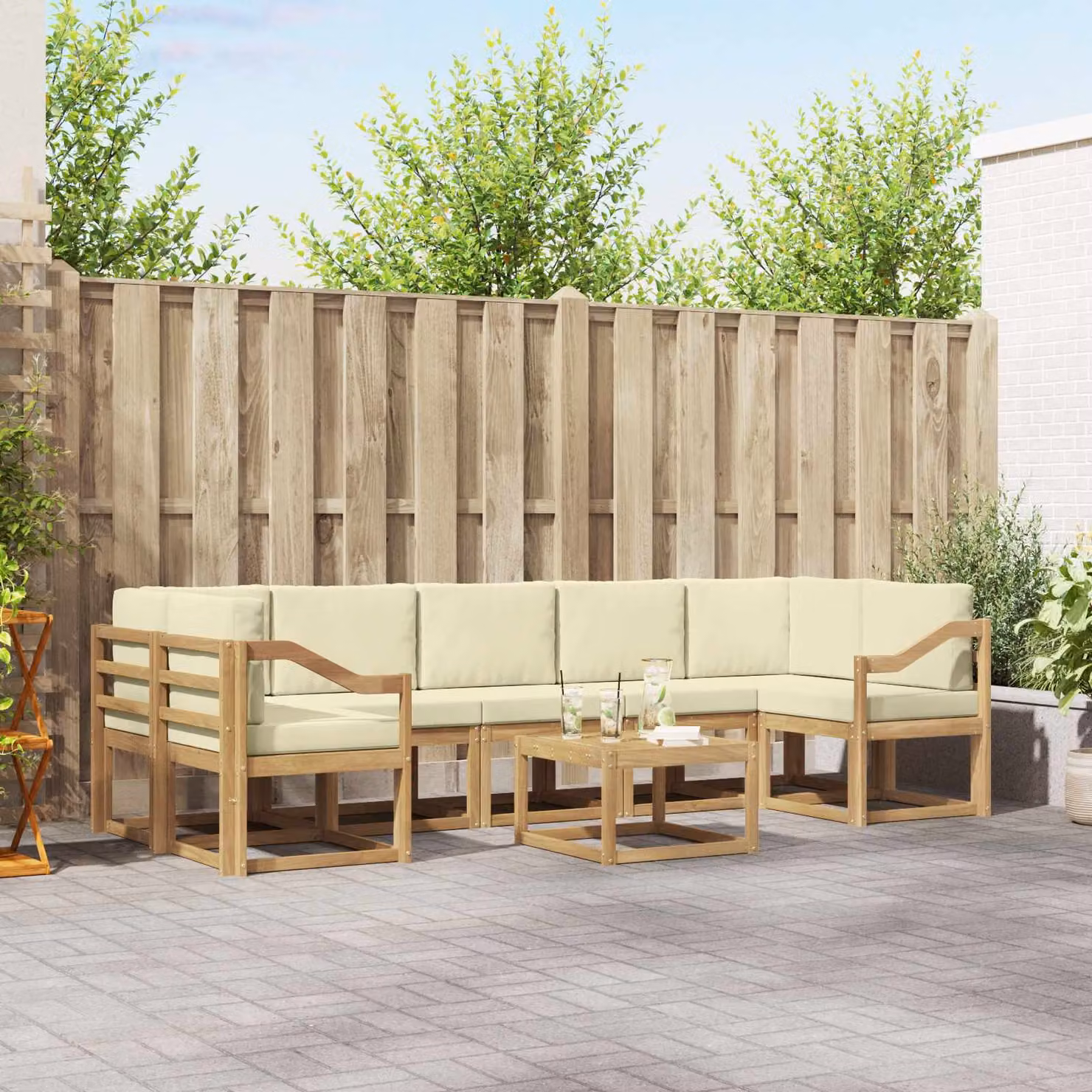 Set di divani da esterno vidaXL a forma di L in legno di acacia con cuscini beige e marroni, 6 pezzi
