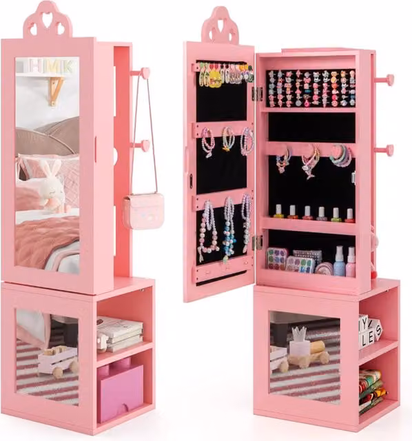 Armadio portagioie 3 in 1 Design Mania per bambine con specchio a figura intera e appendiabiti, colore rosa, L: 34 cm, P: 30 cm, H: 117 cm