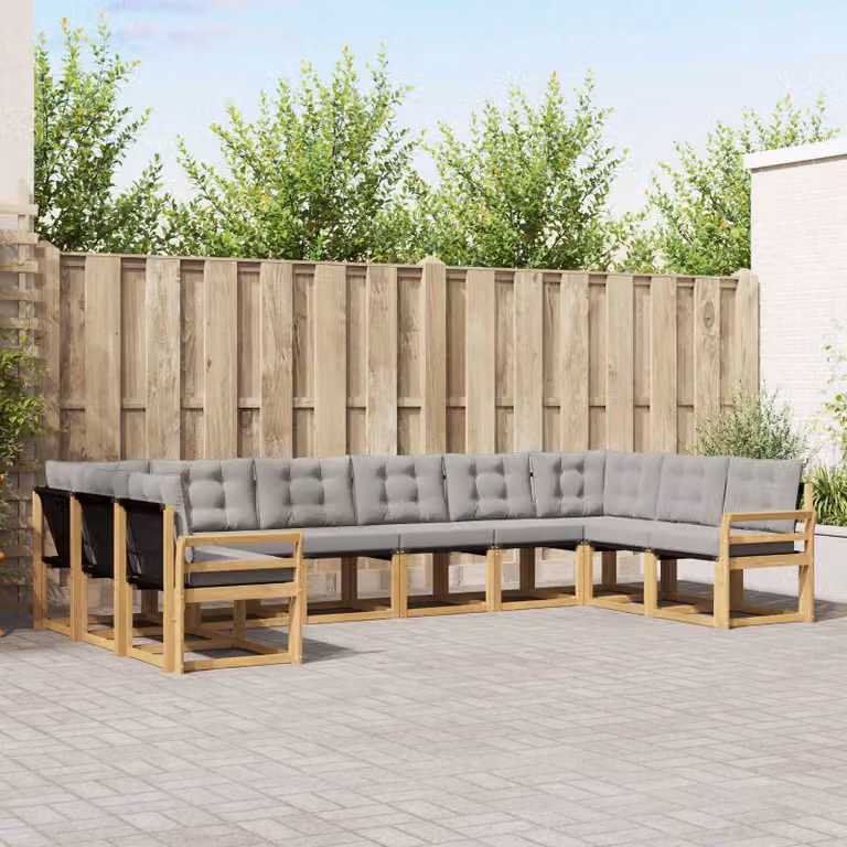 Set di divani da esterno vidaXL 10 pezzi in legno di acacia con cuscini, Bianco e Grigio Chiaro