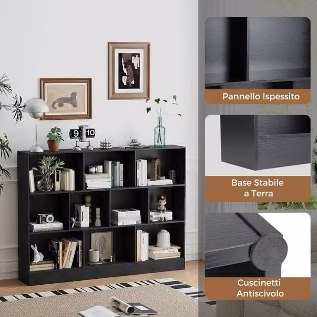 Libreria a 10 Cubi in Legno MDF 140cm Mobile Scaffale Portaoggetti a 3 Livelli con 2 Kit Antiribaltamento Robusto per Casa Ufficio Nero