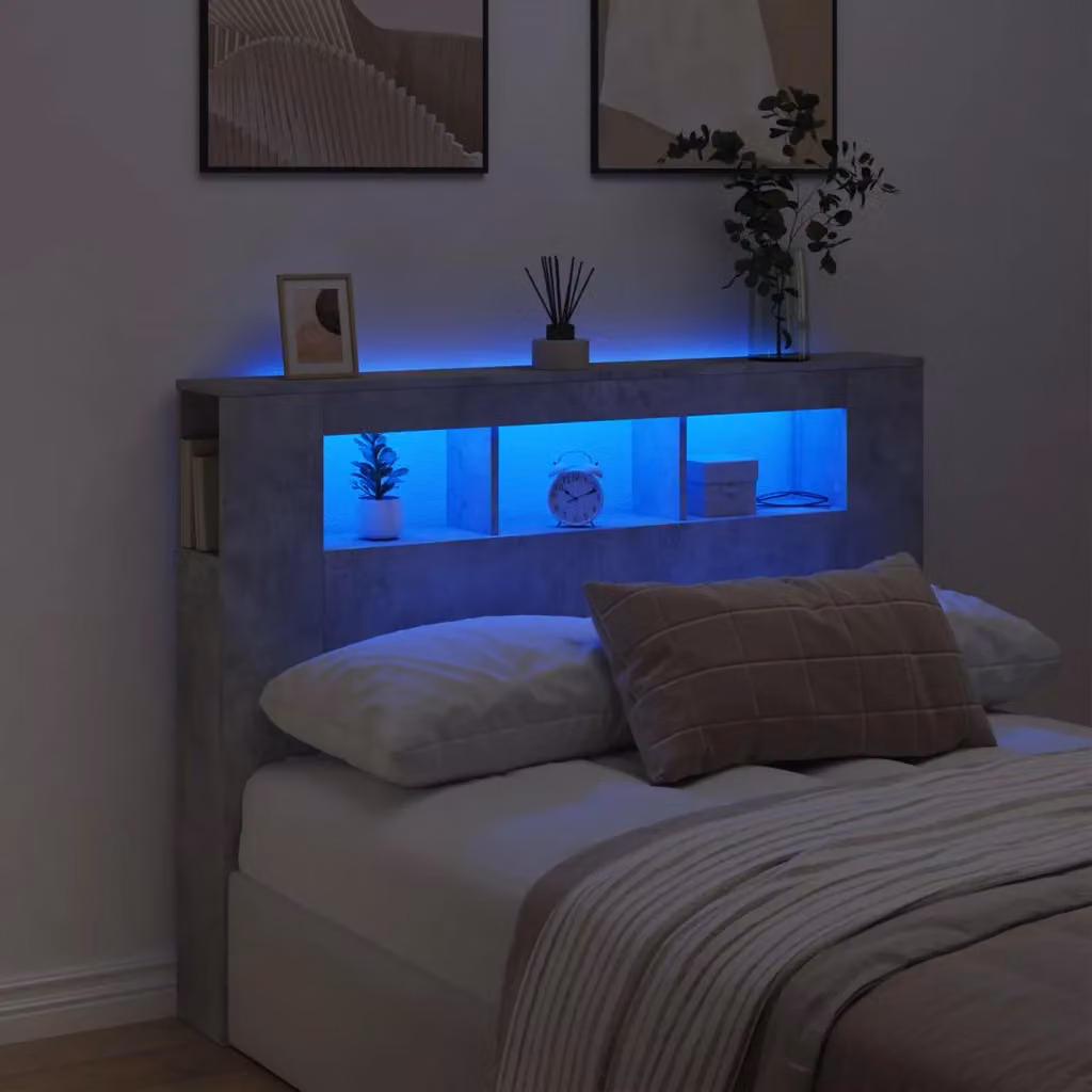Testiera con LED e porta USB vidaXL in legno multistrato, Grigio Cemento, L 140 x P 18,5 x H 103,5 cm
