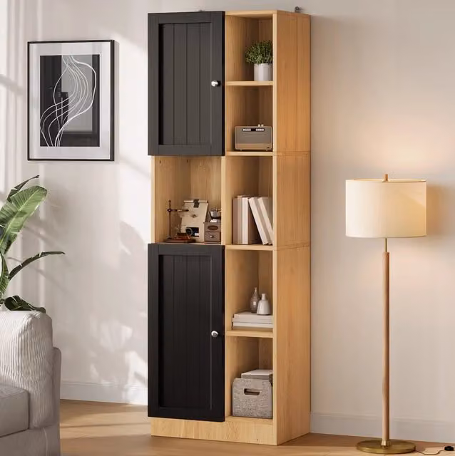 Mobile angolare alto cucina con 6 ripiani aperti, 2 ante e ripiani regolabili, 50x35,5x170 cm, antracite/rovere