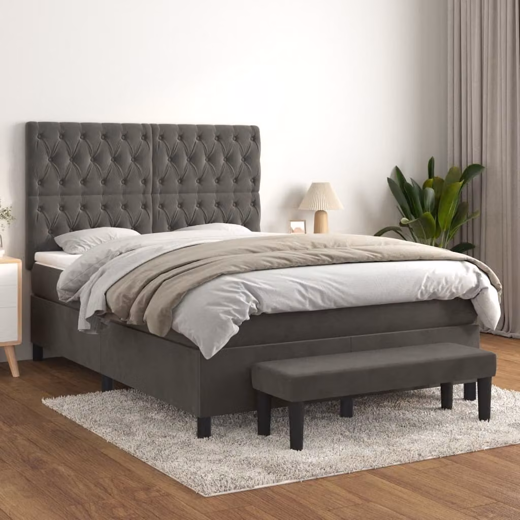 The Living Store Letto a molle con materasso grigio scuro 140x200 cm in velluto
