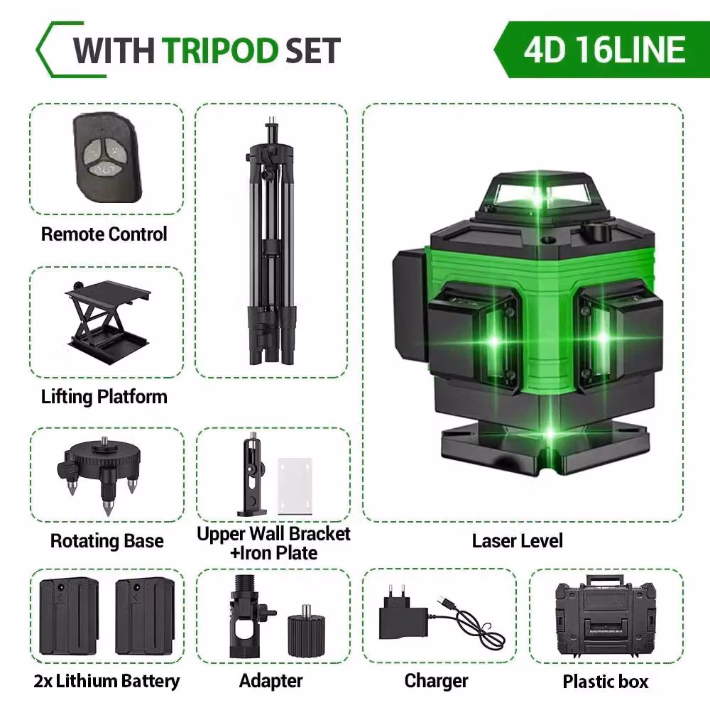 Livella laser - Livella laser professionale 4D con linee incrociate - 16 linee - Laser verde - Autolivellante - 360° orizzontale e verticale - Valigetta in plastica con treppiede