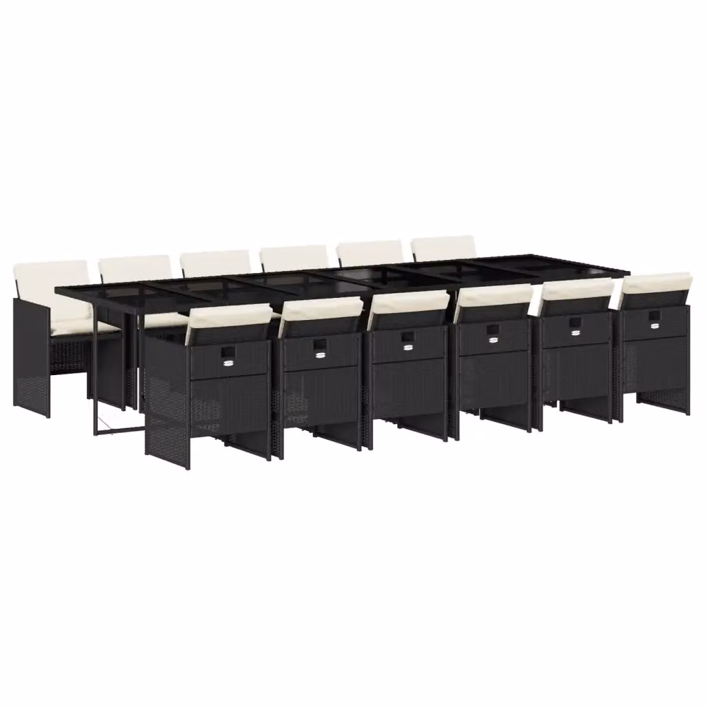 Set da Pranzo da Giardino vidaXL in Polyrattan Nero con Cuscini e Tavolo in Vetro, 13 Pezzi – 2