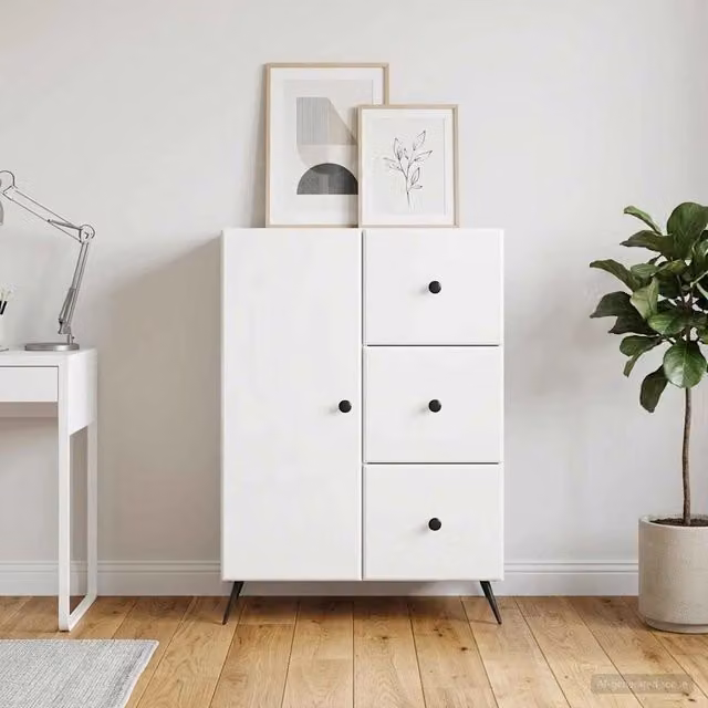 Credenza moderna vidaXL in bianco lucido con finitura in MDF e metallo, L: 66 cm, P: 34,5 cm, H: 90 cm