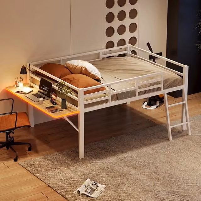 Letto a soppalco 140x200 cm - Xylo - Bianco, Struttura metallica, Scrivania integrata, Luci LED con telecomando