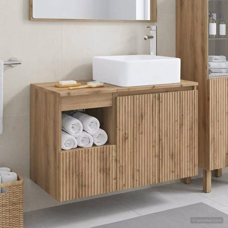 Set di mobili per il bagno moderno vidaXL composto da mobile lavabo e pensile in legno color rovere marrone