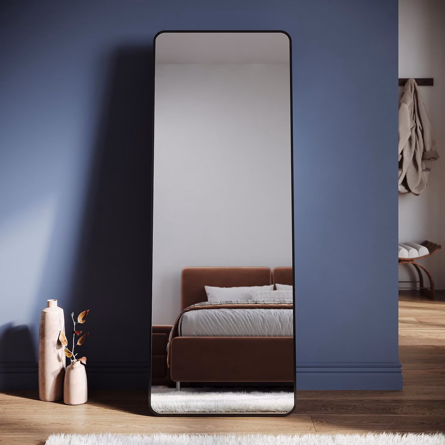 SONNI 160 x 60 x 2,8 cm specchio quadrato nero da appoggio montabile a parete
