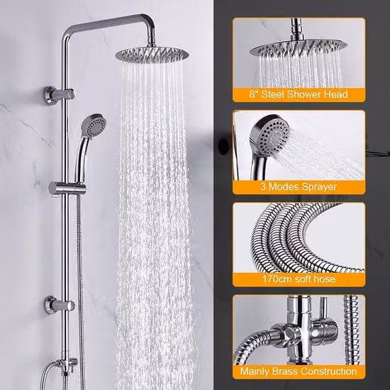 Sistema doccia Unyqoos® Ibergrif: colonna doccia con soffione in acciaio inossidabile da 20 cm, doccetta manuale a 3 getti, tubo antitorsione da 170 cm, barra regolabile, finitura cromata, senza miscelatore