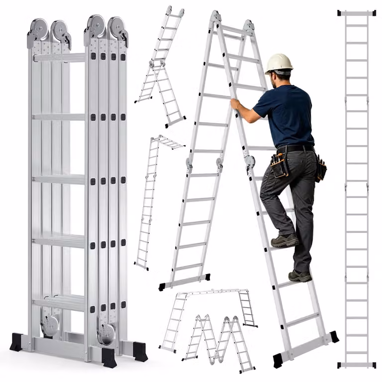 Ikodm Scala multifunzione 7in1, 4x5 gradini, circa 580 cm / 5,8 m, scala a sbalzo in alluminio pieghevole, utilizzabile come scala a sbalzo e scala autoportante, portata massima 150 kg