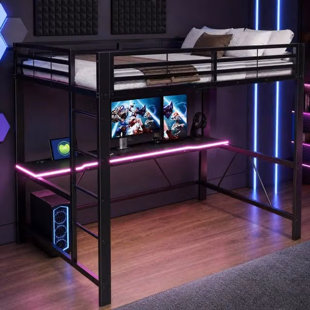 Letto a soppalco Mivray per gaming con scrivania in MDF, illuminazione LED e porta USB, struttura in metallo nero, L/P/H: 204 x 140 x 180 cm