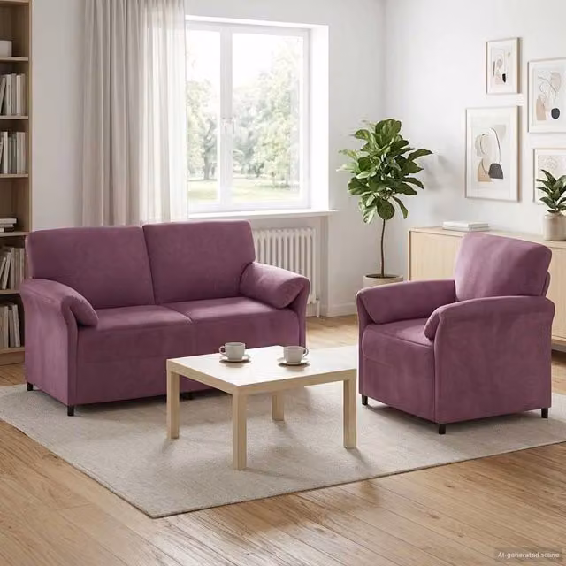Set di 2 divani moderni vidaXL in velluto viola e nero con struttura in metallo e cuscini inclusi
