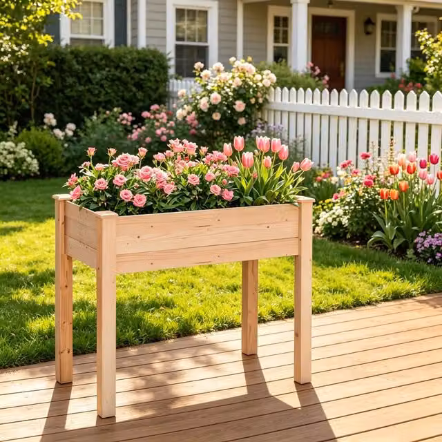 Orto rialzato OKWISH in legno di abete con fodera in tessuto non tessuto e fori di drenaggio, colore naturale, L: 86 cm, P: 46 cm, H: 76 cm – 1