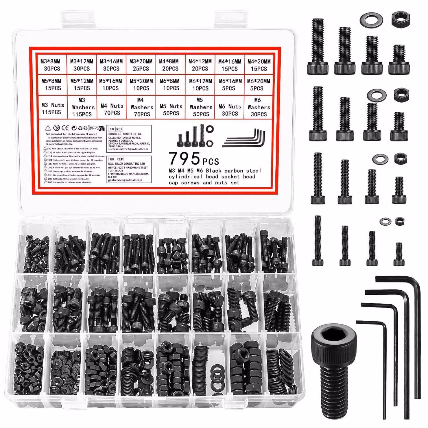Set di viti e dadi da 795 pezzi, Acciaio al carbonio nero, dimensioni M3-M6, completo di rondelle e chiavi a Esagono