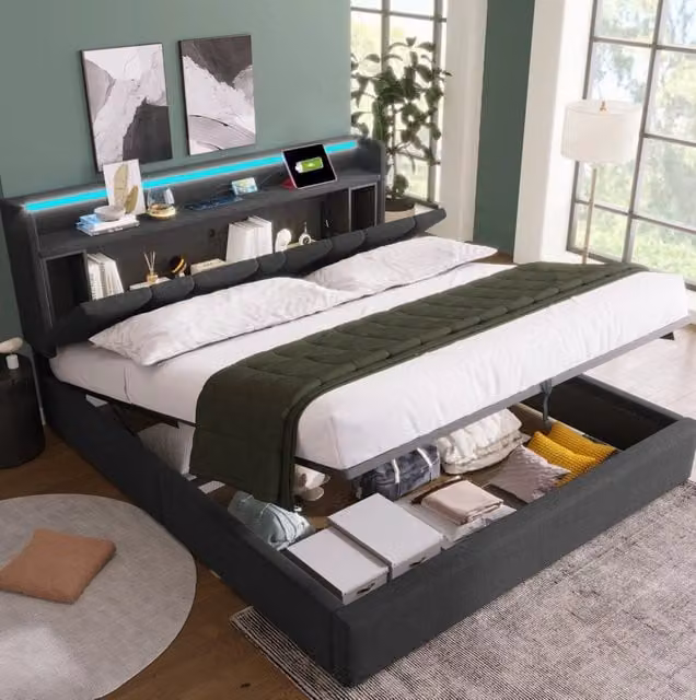 Letto imbottito ULEVR 140x190 cm con contenitore, LED RGBW, prese USB e Type-C, testiera in lino grigio