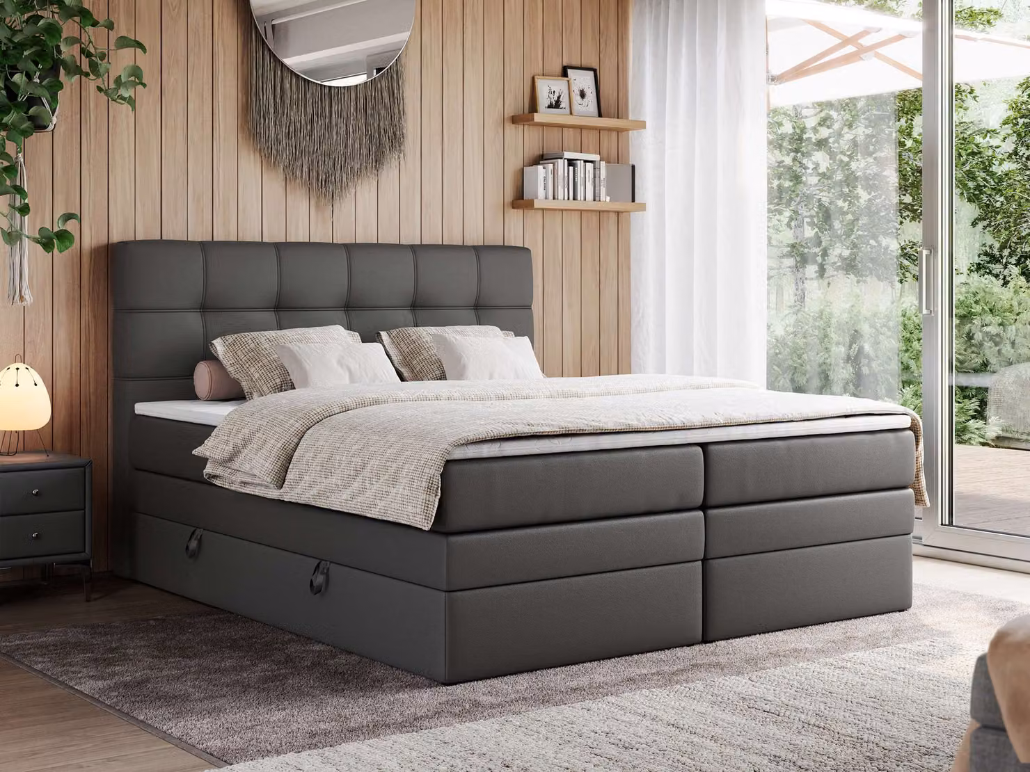 Letto boxspring, letto imbottito, letto, camera da letto - ERNI-KING - 160x200 cm - Grigio scuro - H3