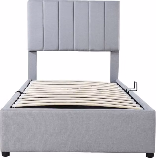 Letto contenitore singolo 90x200 cm in tessuto effetto lino con testiera regolabile; grigio