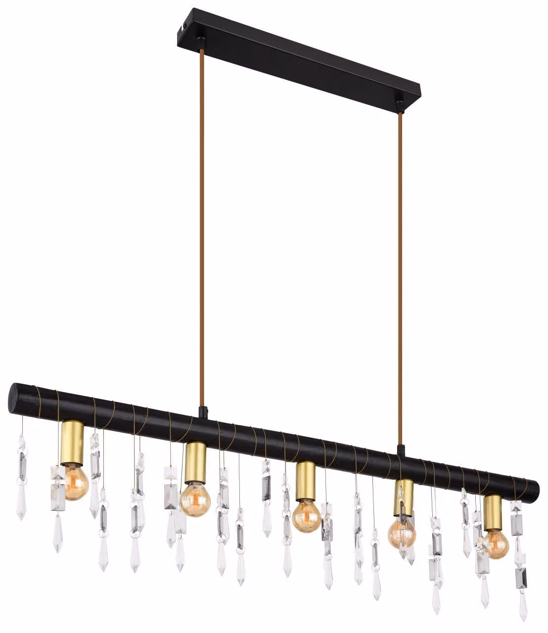 Globo Lighting lampada a sospensione in metallo nero opaco, legno nero, cristalli di vetro trasparenti, cavo tessile champagne, portalampade oro opaco, LxLxH: 900x60x1200mm, escl. 5x E14 40W 230V