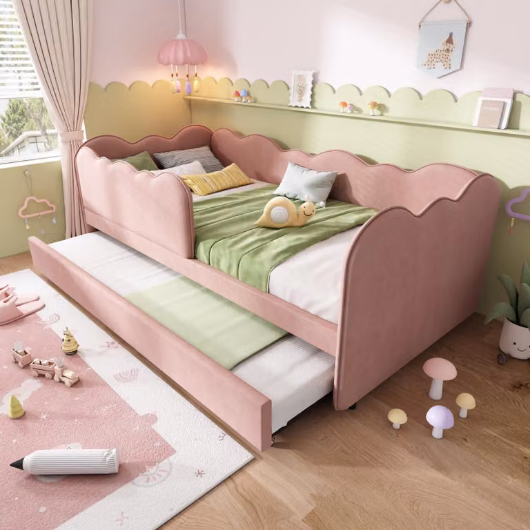 Letto imbottito Flieks 90x190cm con letto estraibile, letto per bambini e ragazzi, divano letto con protezione anticaduta, daybed in velluto, rosa