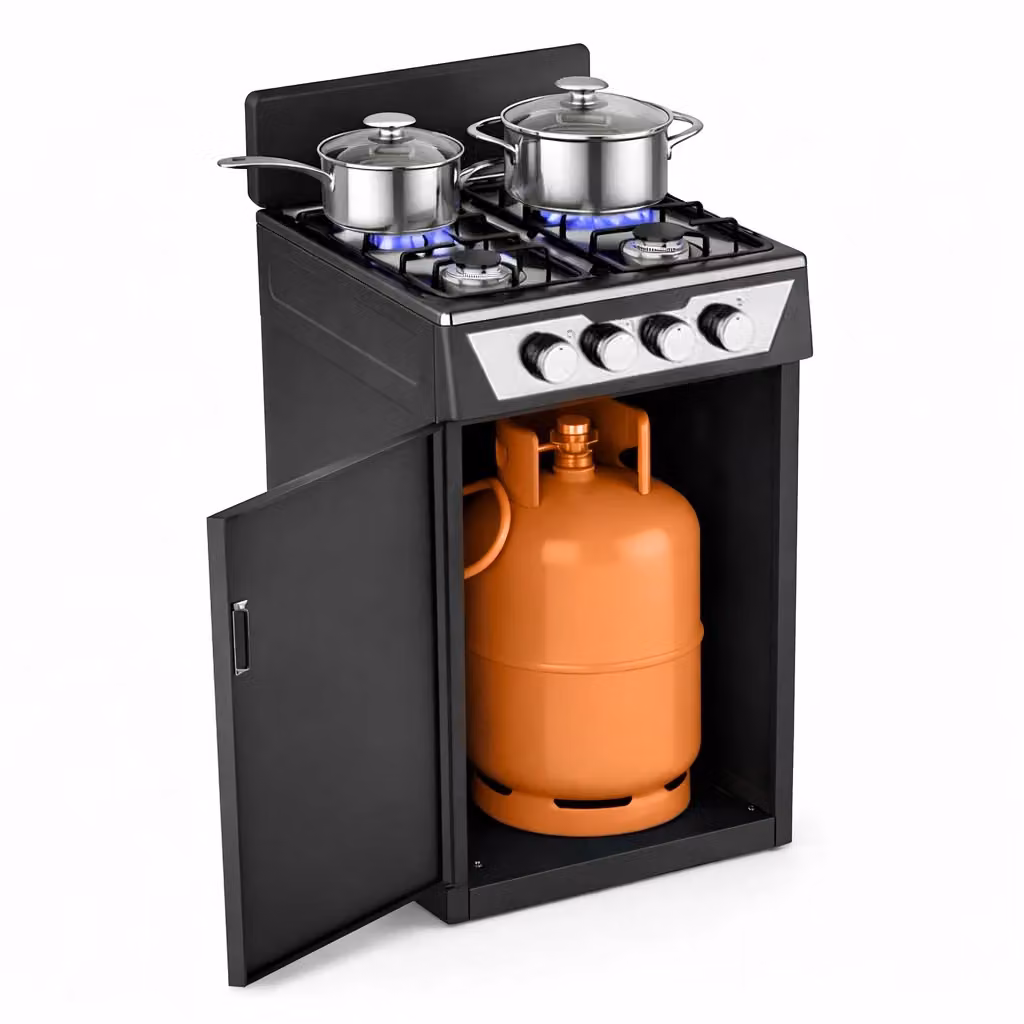 Cucina a Gas da Esterno Bakaji con 4 Fuochi, Portabombola e Paravento, Colore Nero, L: 80 cm, P: 48,5 cm, H: 45,5 cm – 2