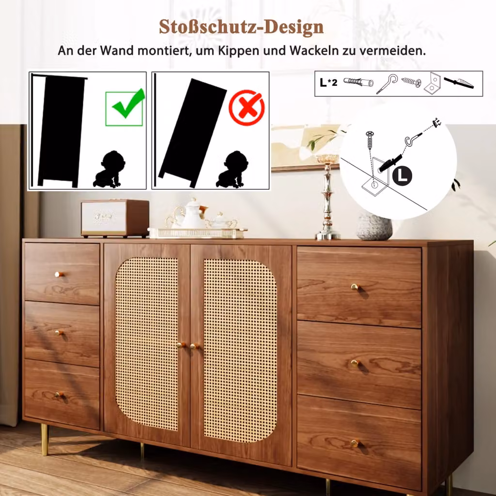 Credenza moderna REDOM in MDF con ante in rattan color legno marrone L 160 cm x P 40 cm x H 90 cm – 2