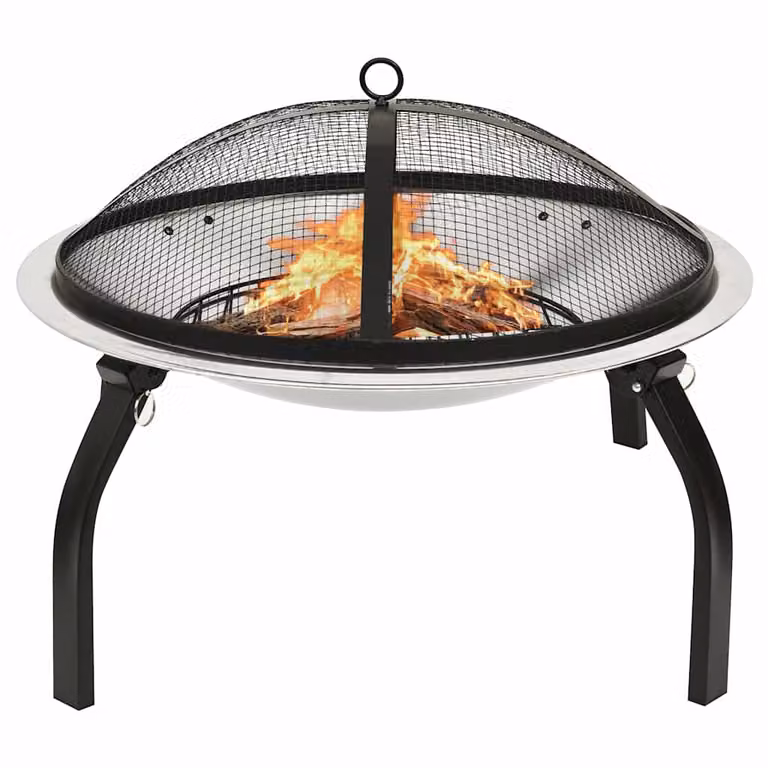 vidaXL Braciere e Barbecue 2in1 con Attizzatoio in Acciaio Inox Argento L/P/H: 56 x 56 x 49 cm