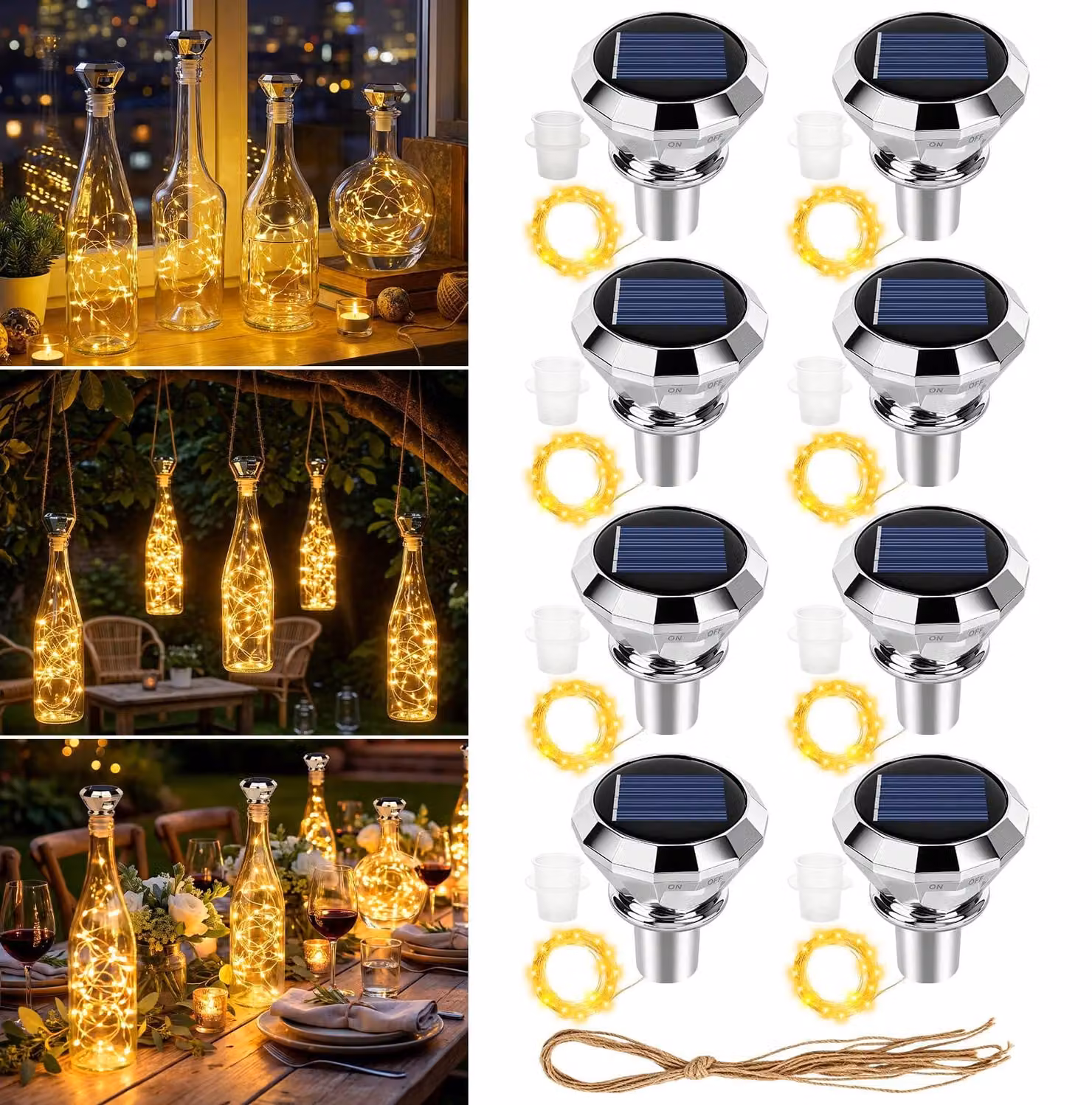 Set di 8 luci solari a forma di bottiglia, lunghezza 2 metri, 20 LED, luce bianco caldo