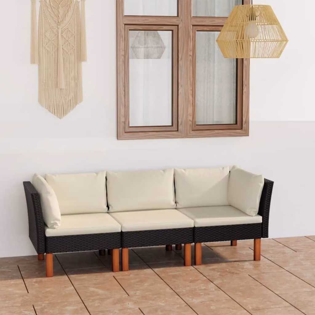 The Living Store Divano da giardino a 3 posti con cuscini in polirattan nero