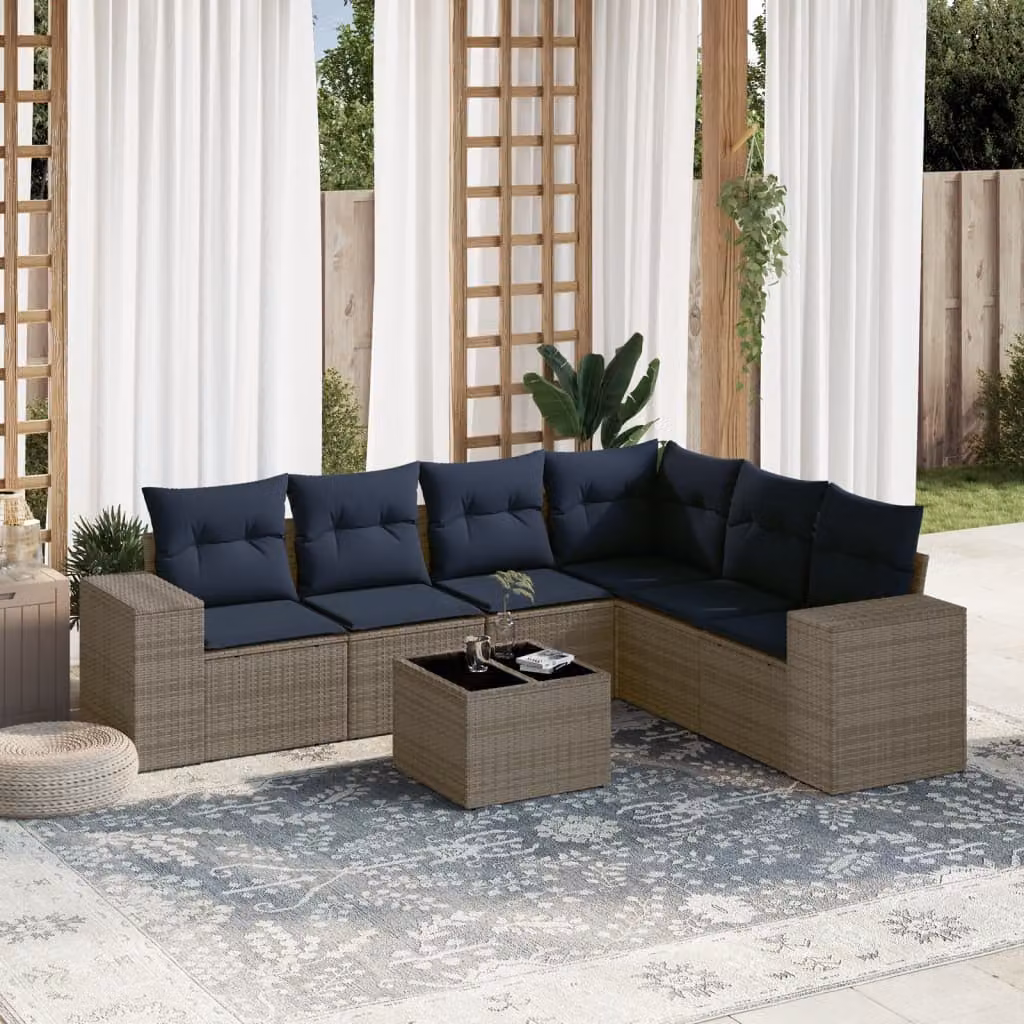 Set Divani da Giardino vidaXL 7 Pezzi a Forma di L con Tavolino in Polyrattan e Cuscini Blu e Grigio