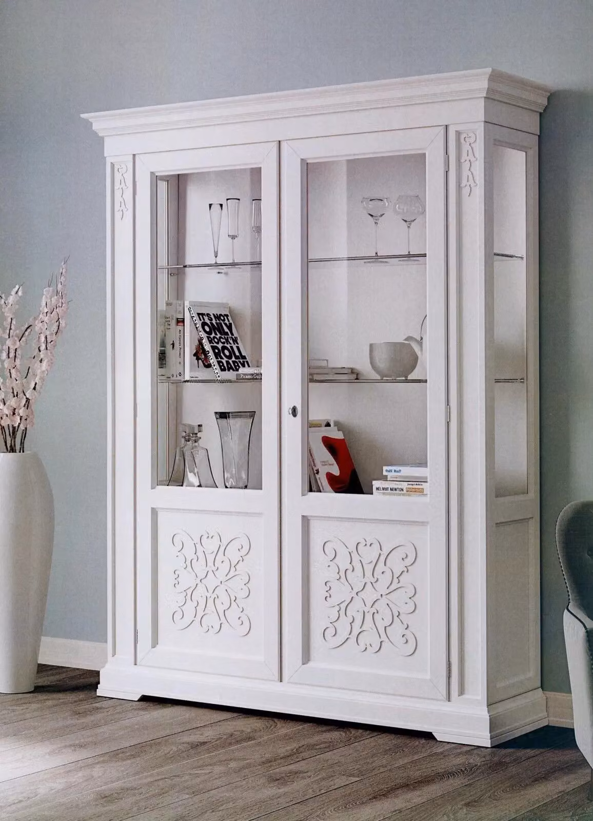 Vetrina classica in legno con 2 ante in vetro stile shabby bianco Mobili 2G L: 170 cm, P: 45 cm, H: 210 cm – 3