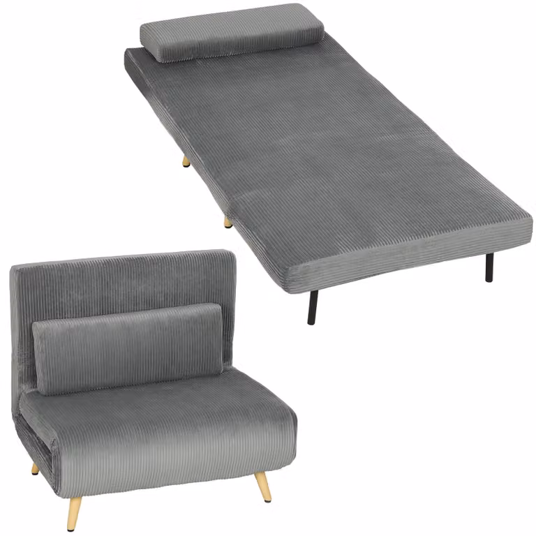 Poltrona reclinabile 3-in-1 - Divano letto - Schienale regolabile - Pieghevole - Gambe in metallo - Cuscino lombare - Grigio scuro