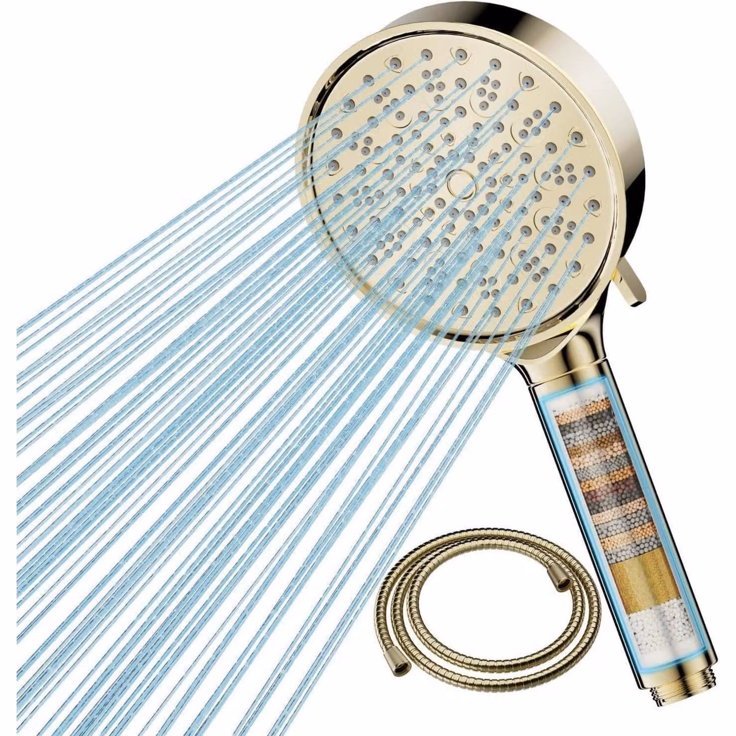 Doccia con filtro, soffione manuale ad alta pressione con tubo flessibile, 6 getti, risparmio idrico, filtrazione a 20 strati, finitura dorata