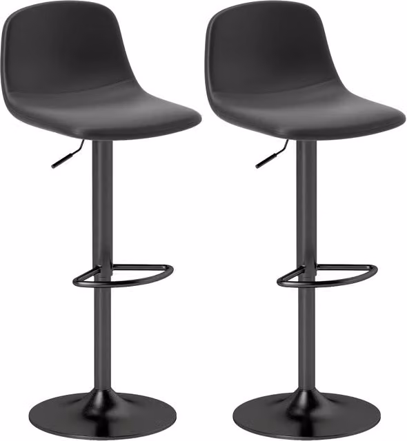 Set di 2 sgabelli da bar regolabili in altezza con schienale e poggiapiedi, rivestimento in ecopelle nera, base antiscivolo