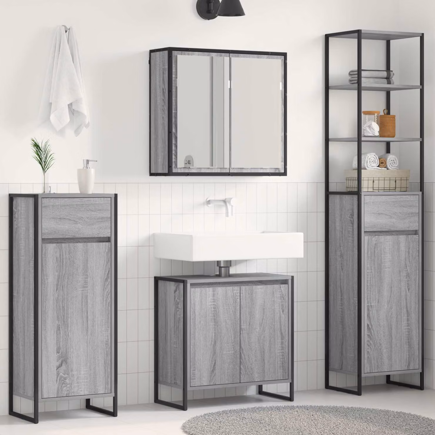 Set di mobili da bagno moderno vidaXL in grigio con mobile lavabo e armadietto con specchio