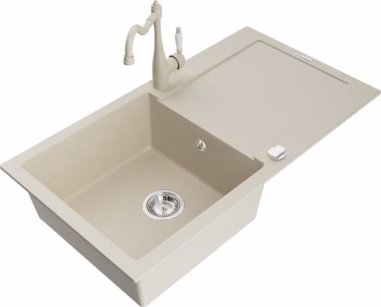 Mexen Leo lavello in granito a 1 vasca con scolapiatti e rubinetto da cucina Carla, beige - 6501-69-670700-69