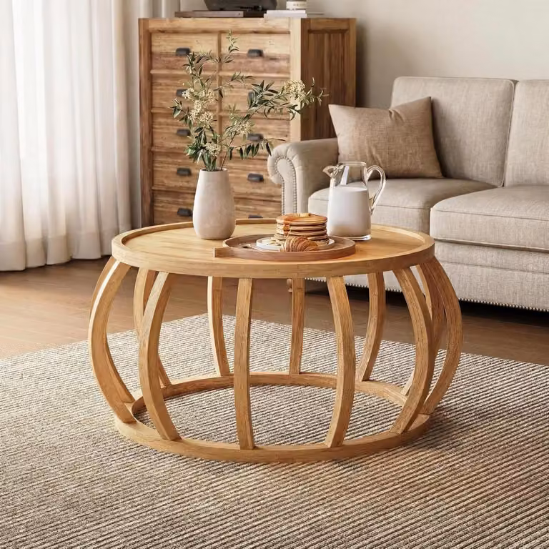 Tavolino da caffè rotondo in legno massello, diametro 80 cm, tavolo per il soggiorno con base curva