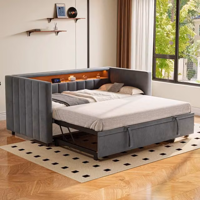 Divano letto estraibile moderno in velluto grigio con illuminazione LED sotto il letto, porta di ricarica USB Type-C e ripiani laterali, L/P/H: 90 x 190 cm