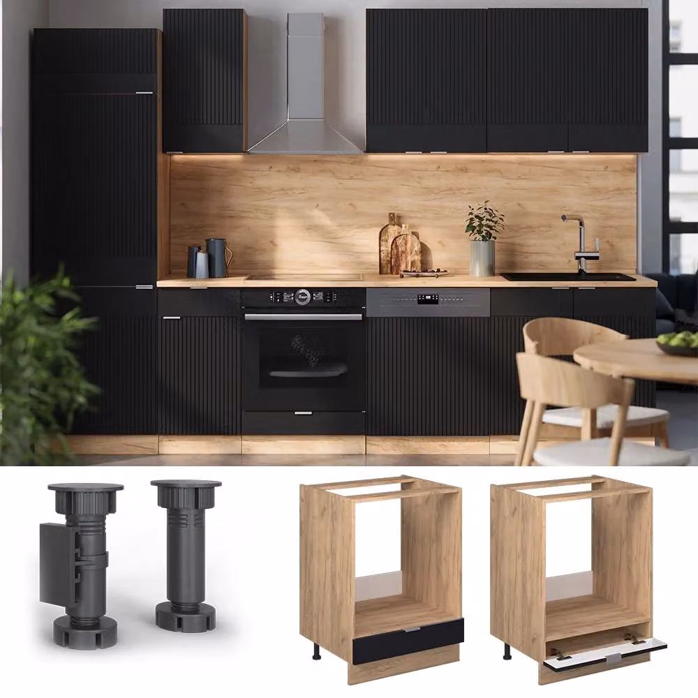 Mobile per forno da incasso Vicco Fame-Line Nero rigato e Rovere dorato, L: 60 cm – 2
