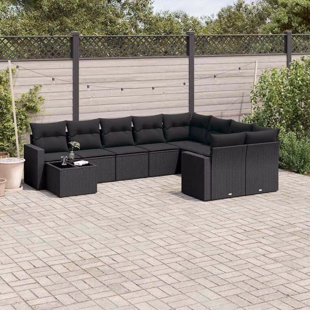 vidaXL Set Divani da Giardino a L 10 Pezzi con Tavolino e Cuscini Neri in Polyrattan e Metallo – 1