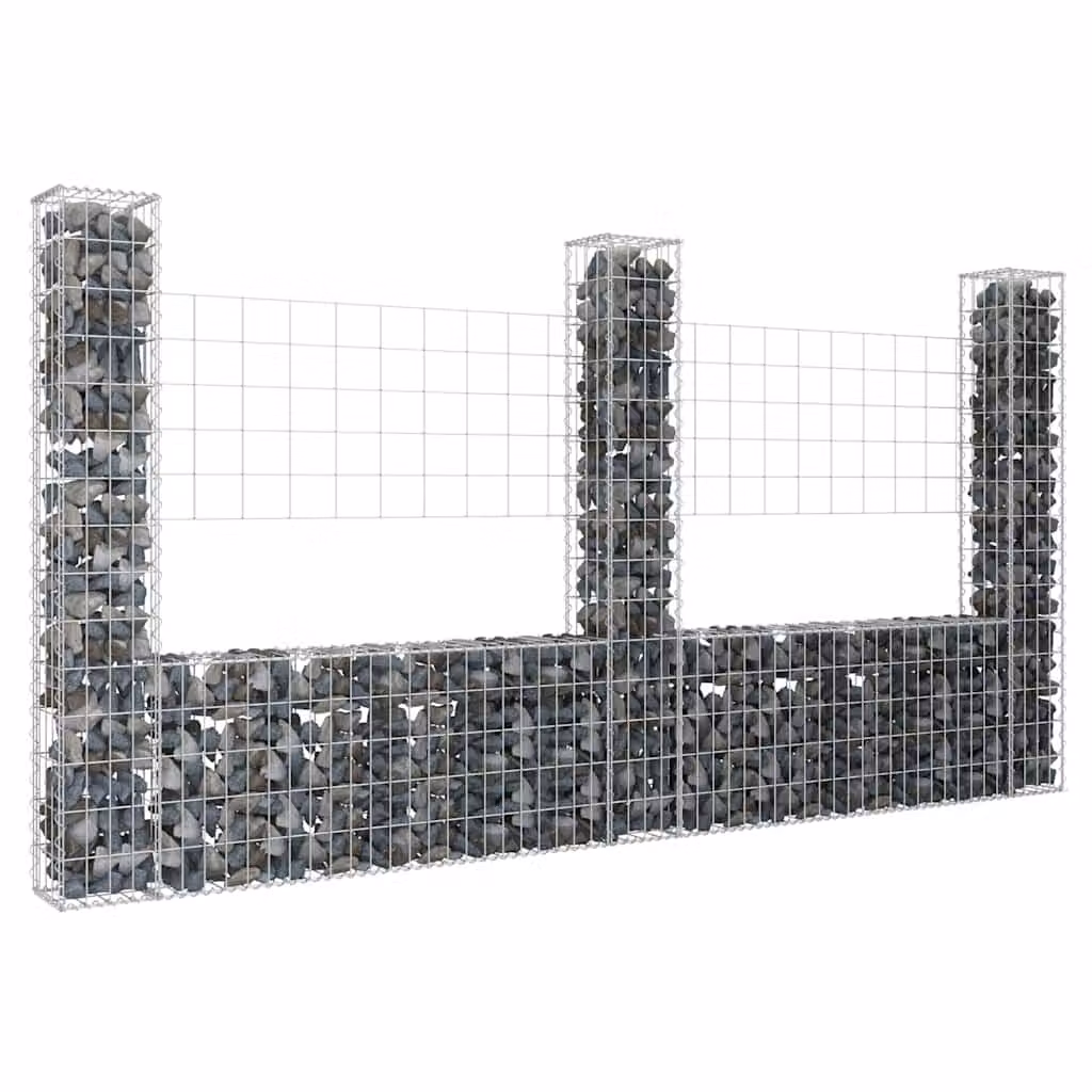 vidaXL Cesto Gabbione a U con 3 Pali in Metallo Grigio L: 260 cm, P: 20 cm, H: 150 cm
