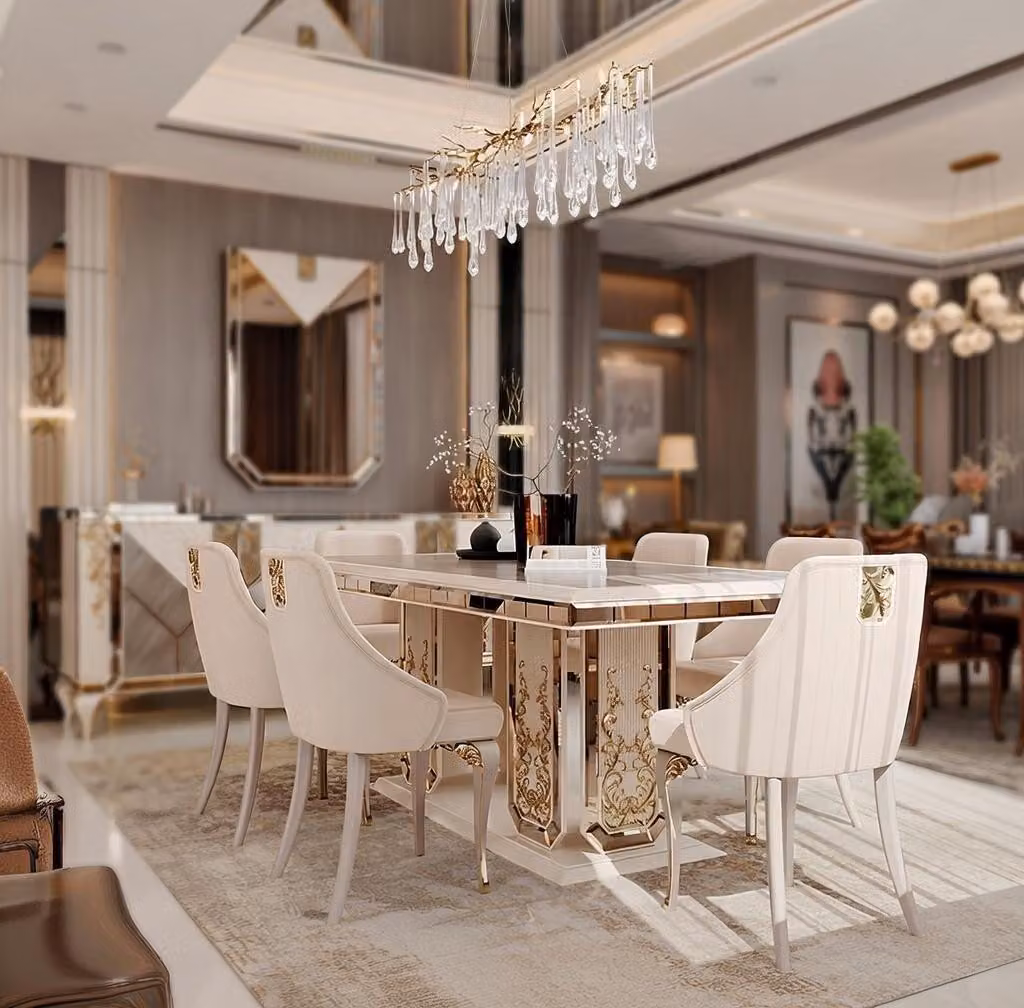 Set di mobili da pranzo di design: tavolo, 6 sedie, credenza con specchio