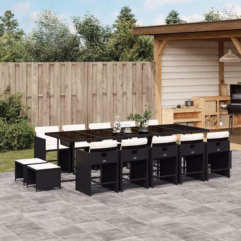 vidaXL Set da Pranzo da Giardino 15 pz in Polyrattan Nero con Cuscini e Tavolo in Vetro
