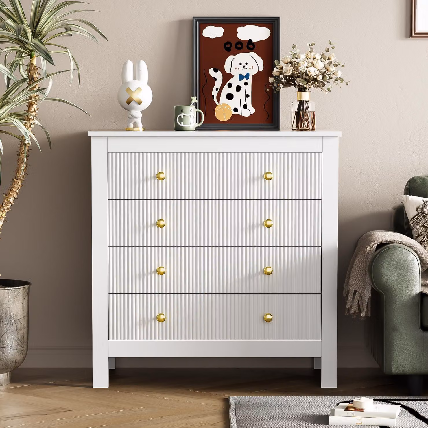 STILVORA: credenza moderna con ampio spazio contenitivo e sei cassetti, mobile di complemento con maniglie dorate, bianco